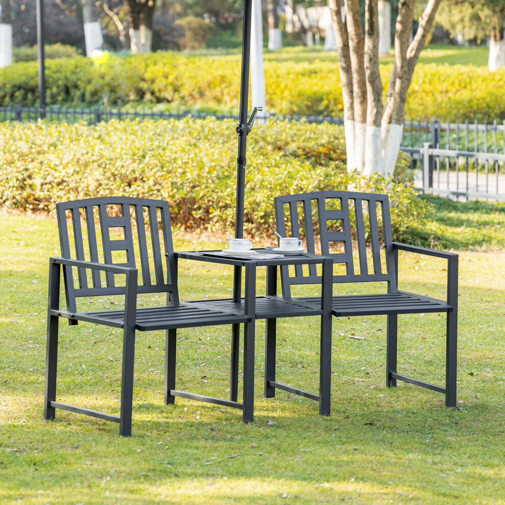 Outsunny Tete-A-Tete Chair 2-Seater Steel Bench W/ Coffee Table Backyard Porch Brown