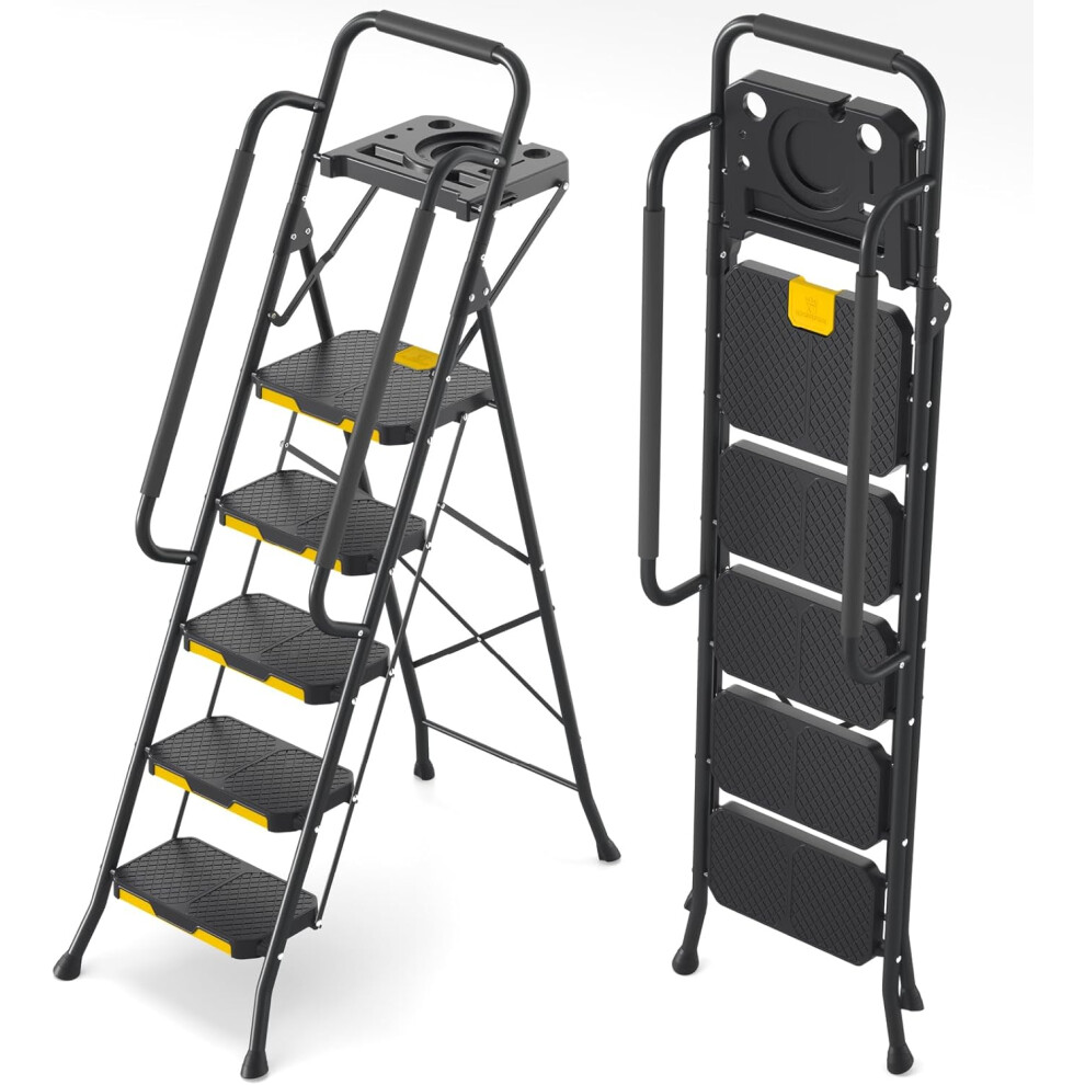 (5 Step with Tool Tray) KINGRACK 5 Step Ladder, Step Ladder 5 Step Folding with Tool Tray and Safety Handrails, Lightwight Household Ladder for Your Kitchen, Pan...
