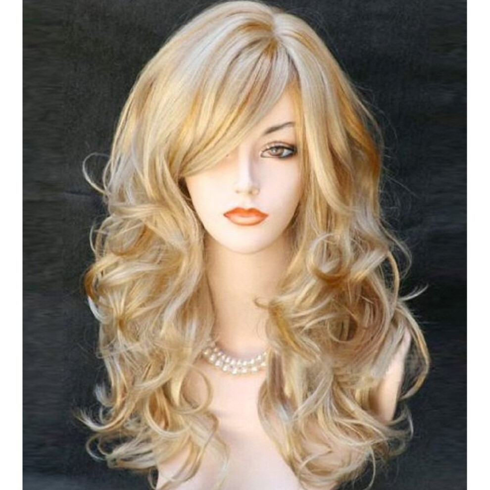 Hï¿½Gra Unisex Righton 21"" Stylish Long Curly Wavy Blonde Hair Wig With Bangs Party Perruque Halloween Cosplay Party Costume Wig(Mixed Blonde)