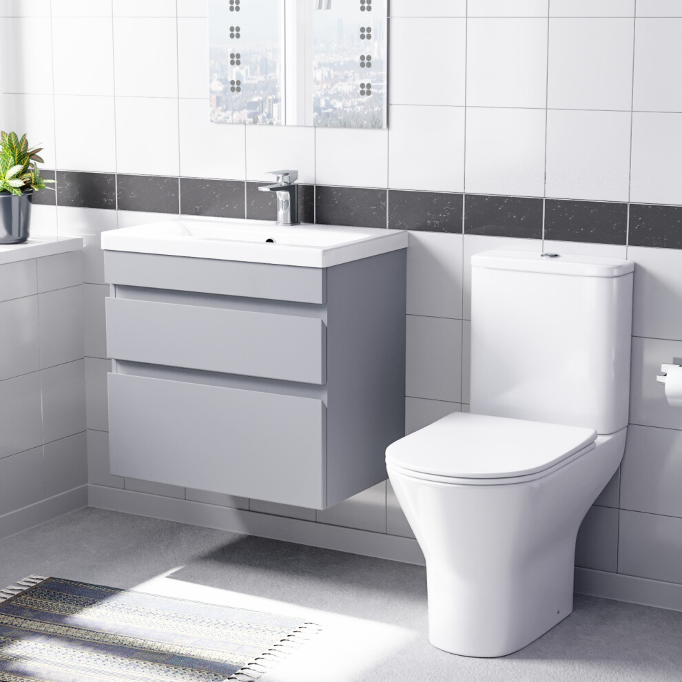 Nes Home Matte Grey 600mm Drawers Vanity Unit Wall Hung & Rimless Toilet Set