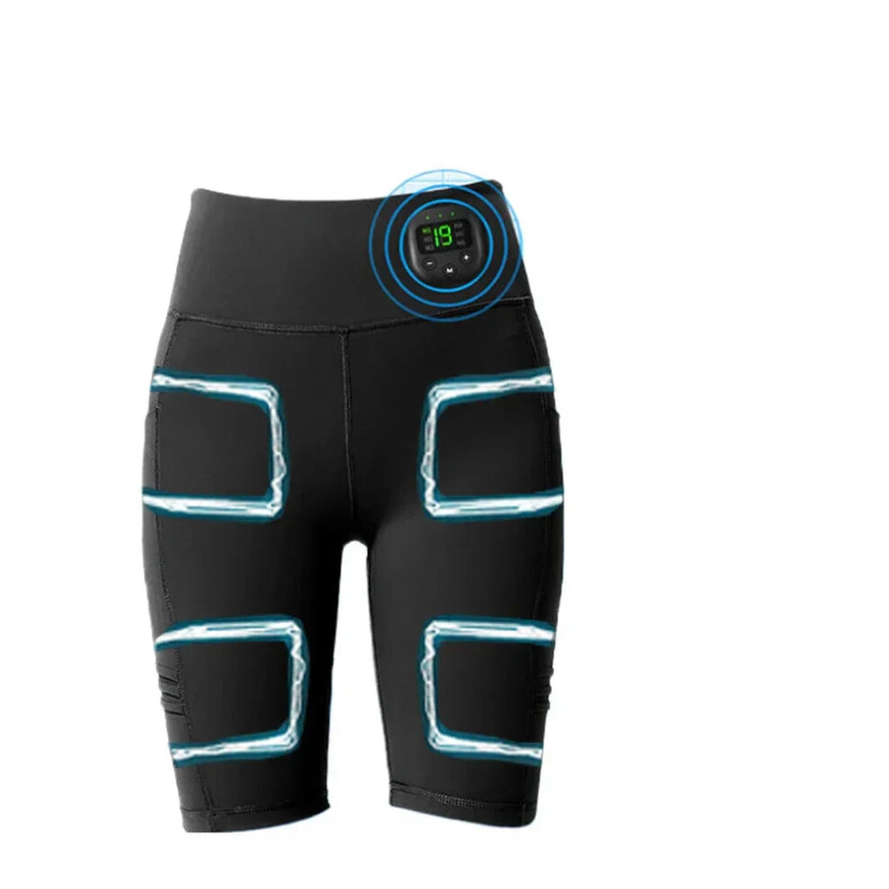 (L) EMS Muscle Stimulation Massage Pants - Slimming Yoga Shorts with USB Charging, 6 Modes, Breathable Fabric, Black