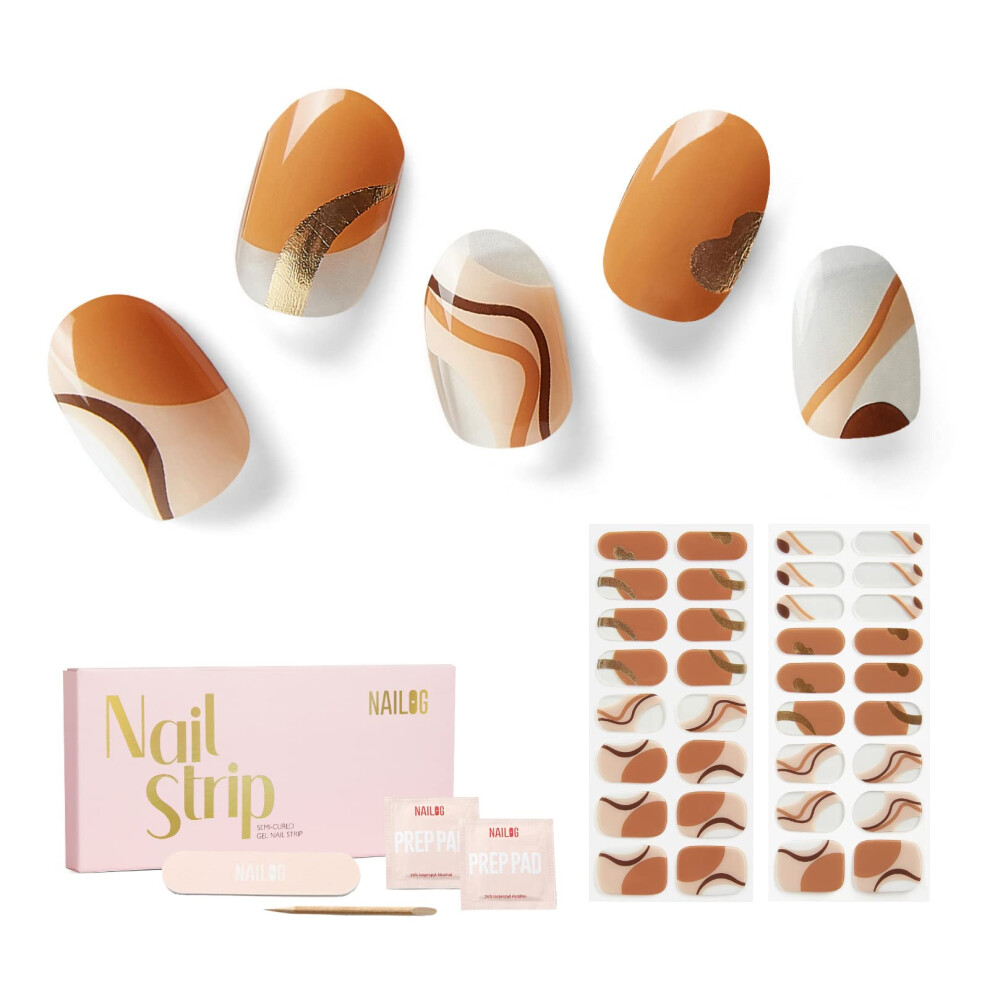 Nailog Semi Cured Gel Nail Strips 34 Pcs| Long Lasting Nail Polish Sticker Wraps With Glossy Gel Finish Maze
