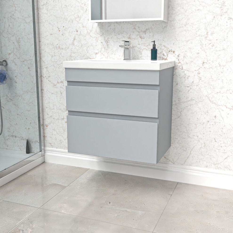 Nes Home Matt 600Mm 2 Drawer Wall Hung Vanity Cabinet And Basin Sink Unit Grey