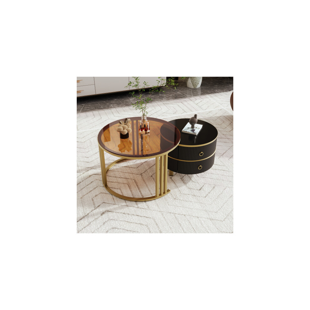 2-in-1 round coffee table with 1 High-Gloss Tabletop and 1 Brown Tempered Glass Tabletop , living room coffee table set with 2 drawers