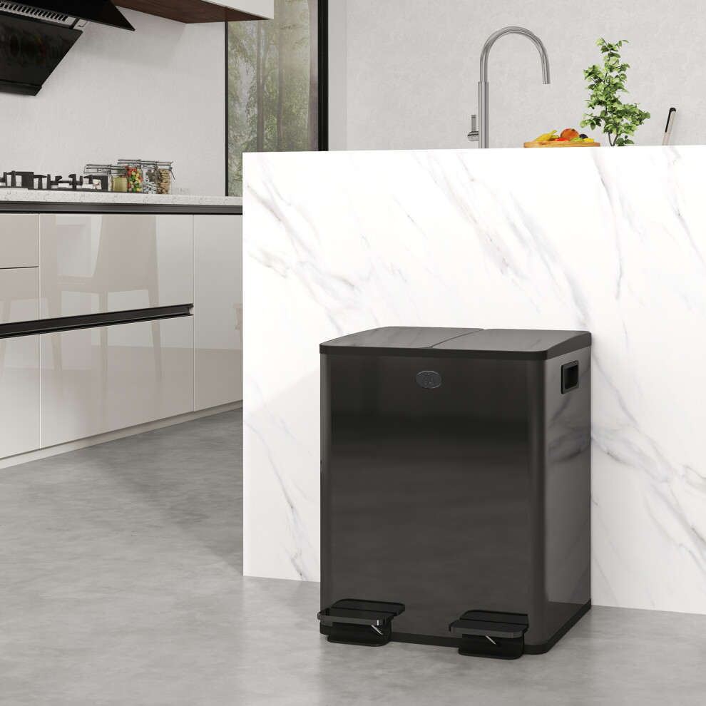 HOMCOM 2 x 20L Dual Kitchen Bin Pedal Bin for Recycling and Waste, Black