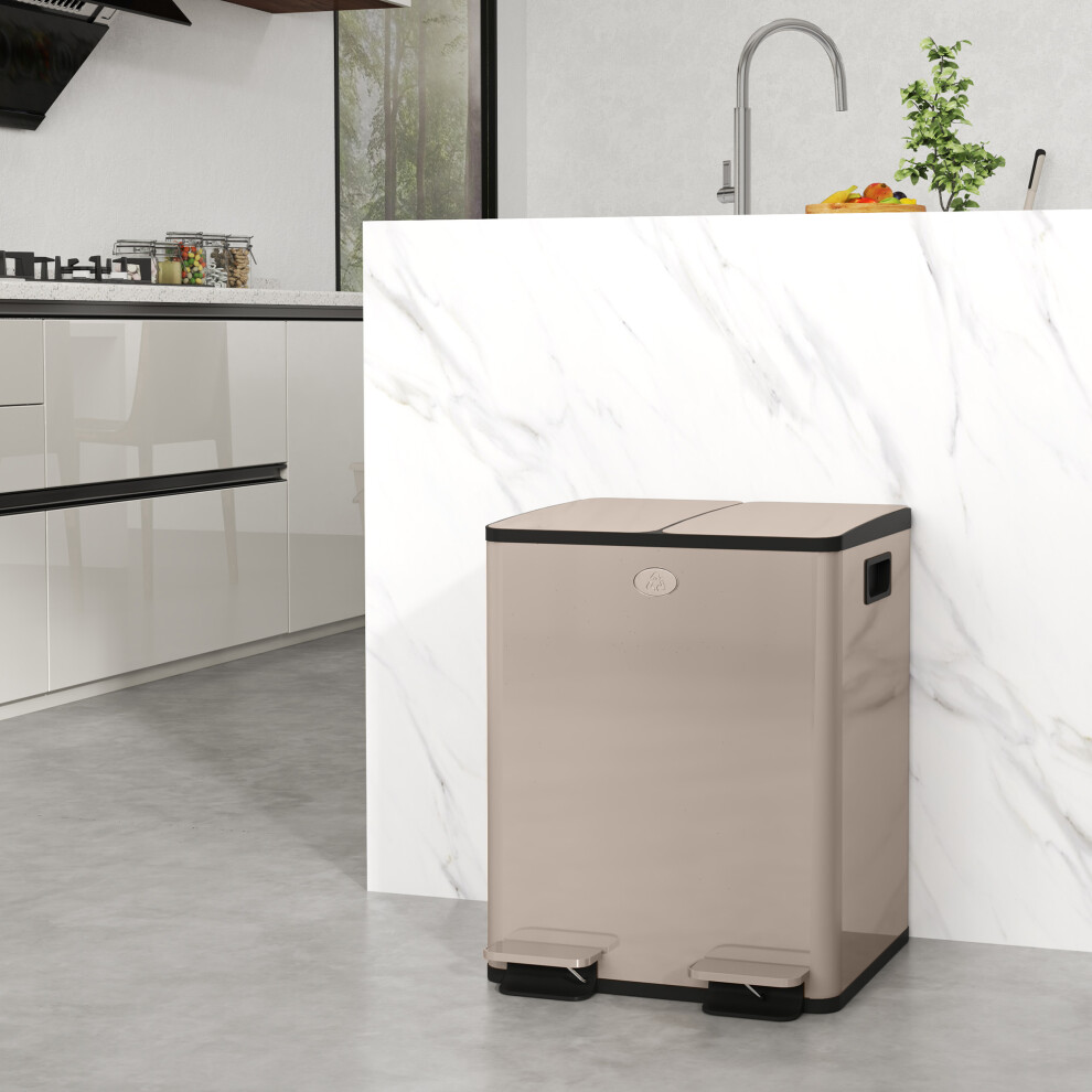 Homcom 2 X 20L Dual Kitchen Bin Pedal Bin For Recycling And Waste, Tone Gold