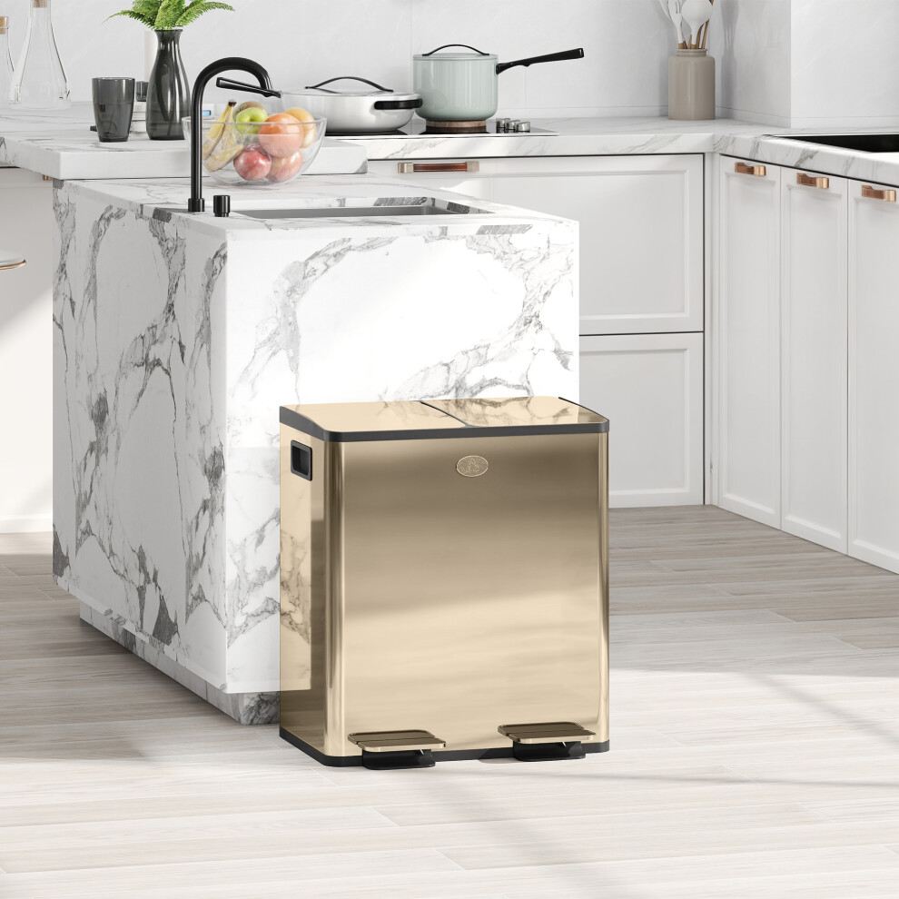 Homcom (Gold) 2 X 20L Dual Kitchen Bin Pedal Bin For Recycling And Waste Gold