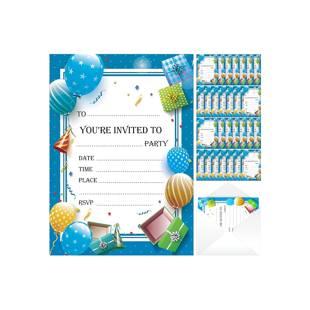 Sol 28Pk Boys Birthday Party Invitations & Envelopes Blue