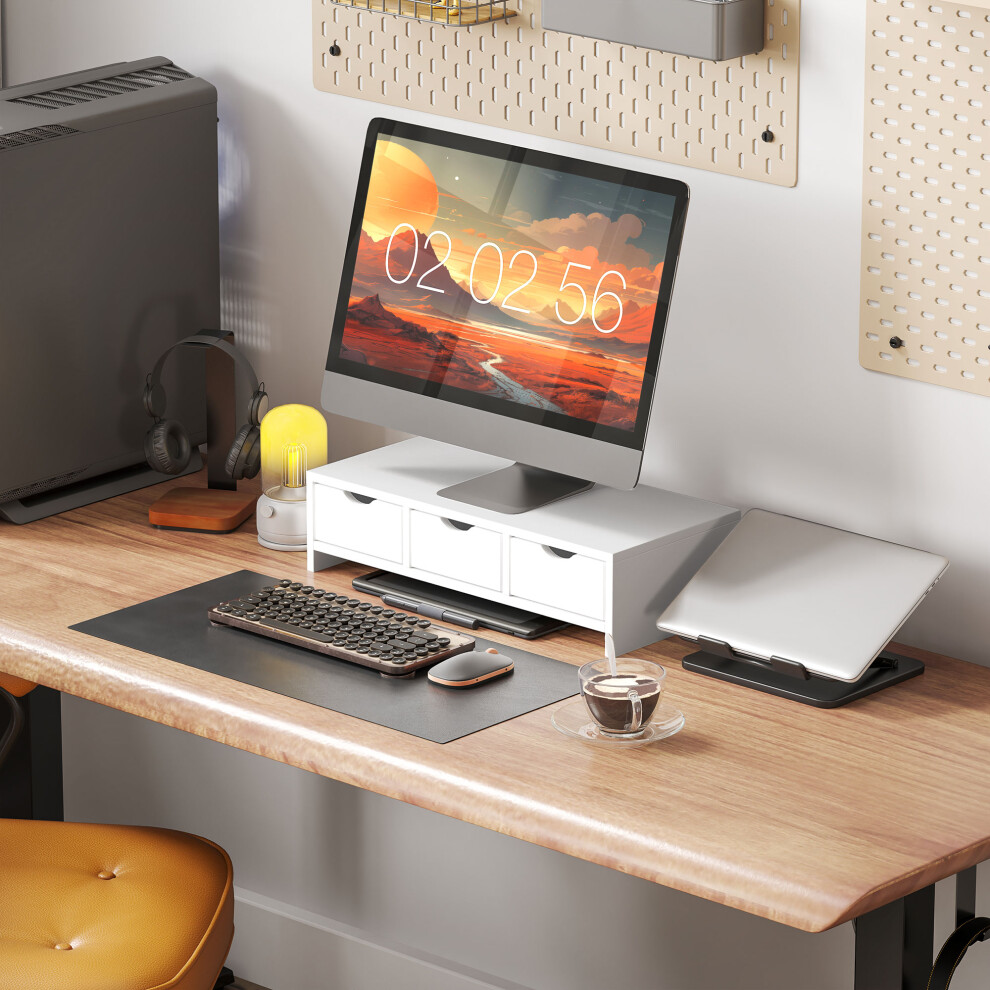 Homcom Monitor Stand Riser With 3 Drawers For Laptop, Computer, Pc, White