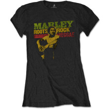 100% Official Bob Marley Roots, Rock, Reggae Women's Fitted Black Cotton T-Shirt - Short Sleeve