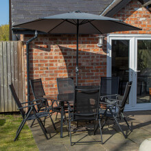 6 Person Rectangular Glass Top Table Chairs With Grey Havana Parasol and Base