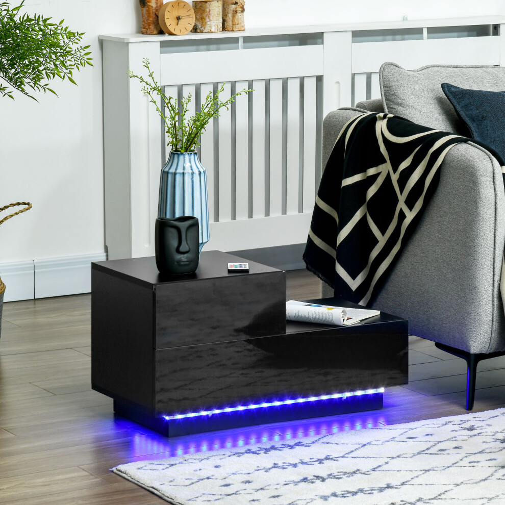 Homcom High Gloss Front Bedside Table Nightstand With Led Light Remote Black