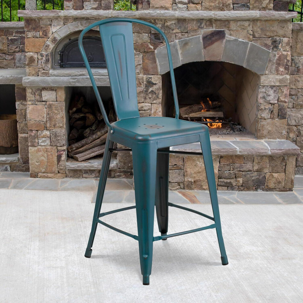 4pc Bar Stools Distressed Metal Indoor and Outdoor Counter High Stool Kelly Blue