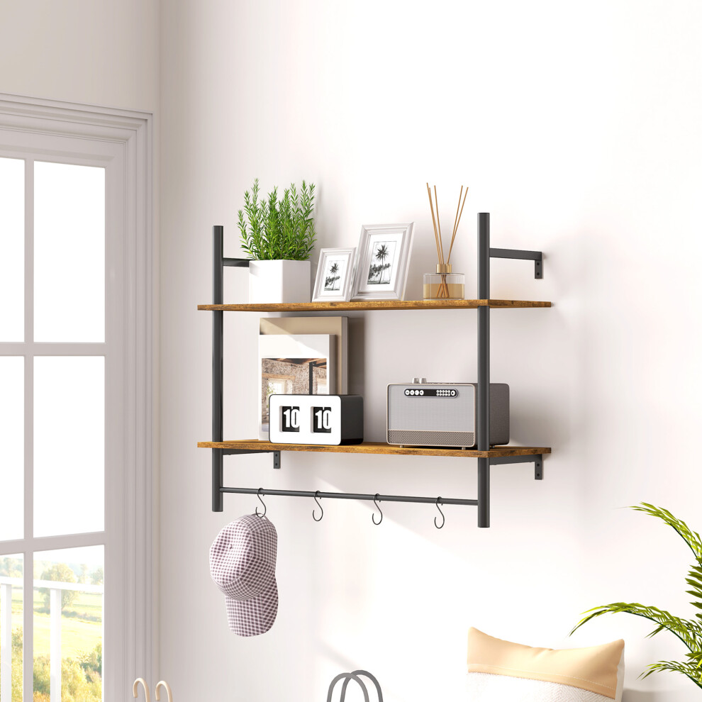 HOMCOM Wall Shelf Unit with 4 Hooks for Living Room, Entryway, Rustic Brown