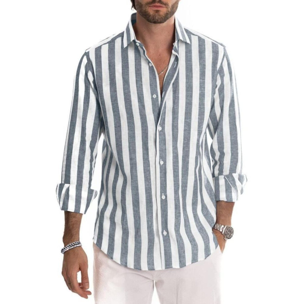 (S, light blue) Long Sleeved Lapel Striped Shirt, Loose Fitting Shirt for Men