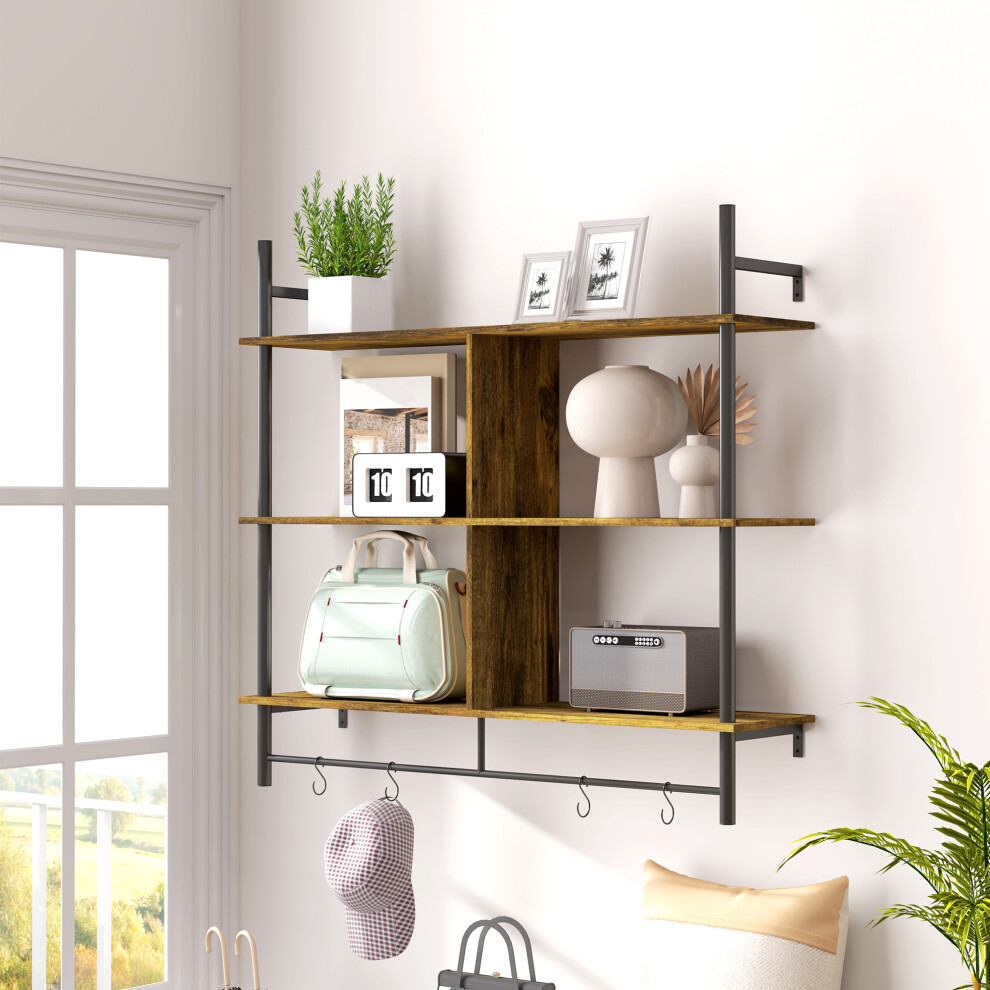 HOMCOM Wall Shelf Unit with 4 Hooks for Living Room Rustic Brown-image-OPC-PFTGZT2-NEW
