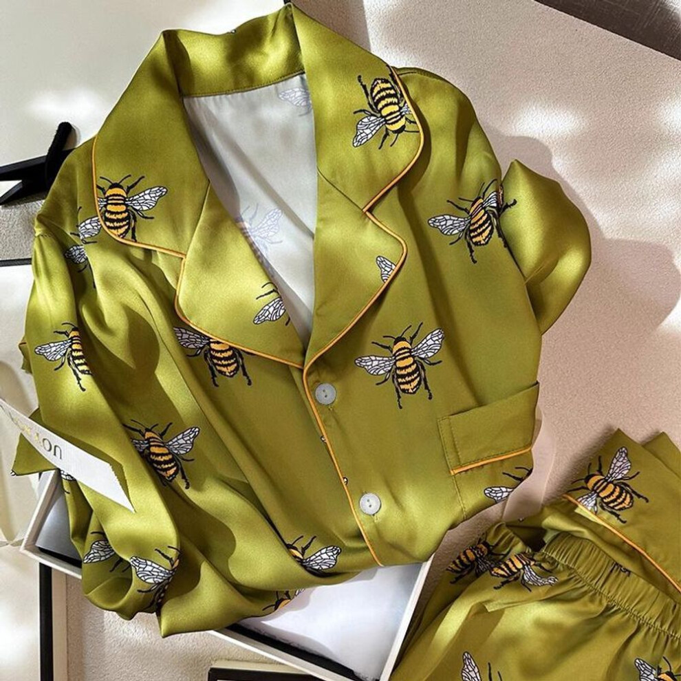 (M (Recommended 80-100 lbs)) "spring & Summer Long-sleeve Luxury Bee Print Ice Silk Pajamas - Women's Two-piece Set