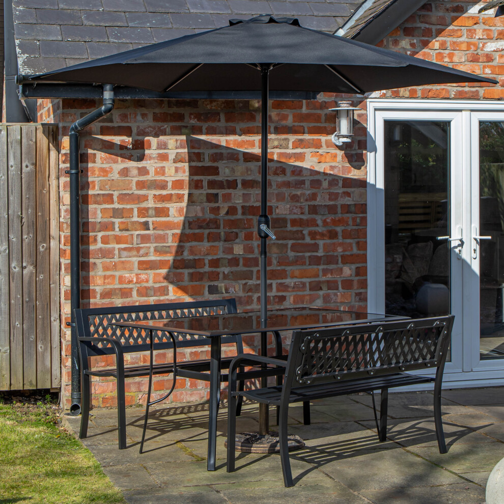 4 Person Glass Top Table Benches With Black Havana Parasol and Base Set