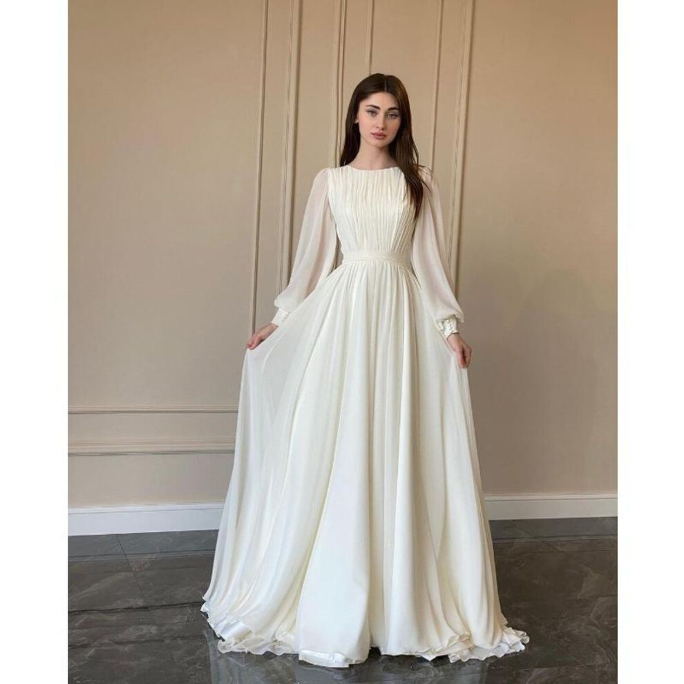 (white, L) Spring and Autumn Women's Lantern Sleeve Pearl Gauze White Wedding Dress Round Neck Dress Long Sleeve Dress
