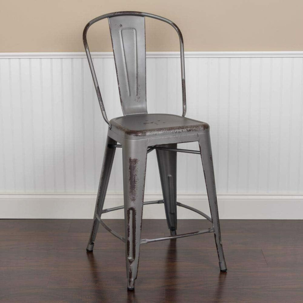 4pc Bar Stools Distressed Metal Indoor and Outdoor Counter High Stool Silver Grey