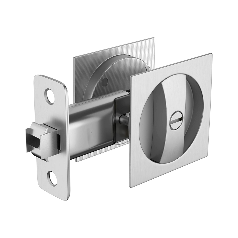 Bed/Bath Pocket Door Lock, Satin Nickel Contemporary Privacy Square Pocket Door Hardware, Sliding Pocket Door Latch 4851067600674