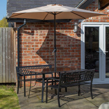 4 Person Glass Top Dining Table Benches With Beige Havana Parasol and Base
