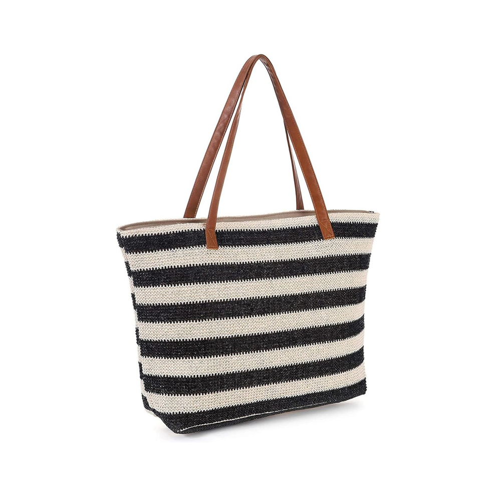 Grand sac de plage en paille, sac fourre-tout souple avec fermeture éclair, sac à main de plage à rayures, sac à bandoulière tissé noir