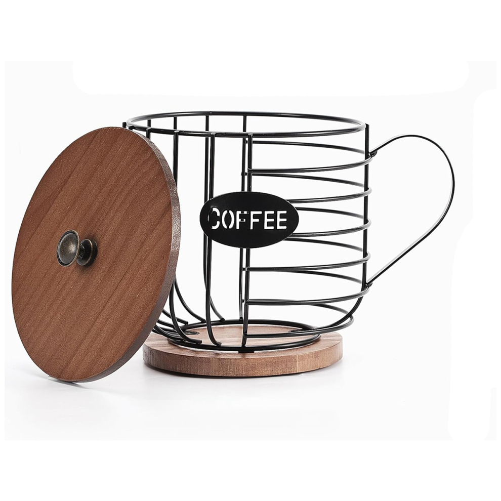 Rustieke Koffiecuphouder - K-Cup Opberger Met Houten Deksel - Ronde Koffiemanddecoratie Voor Aanrechtblad Voor Cups-image