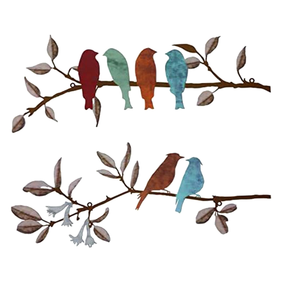 Lot de 2 décorations murales en métal représentant des oiseaux, vives sur une branche, à suspendre, avec feuilles, pour l'extérieur