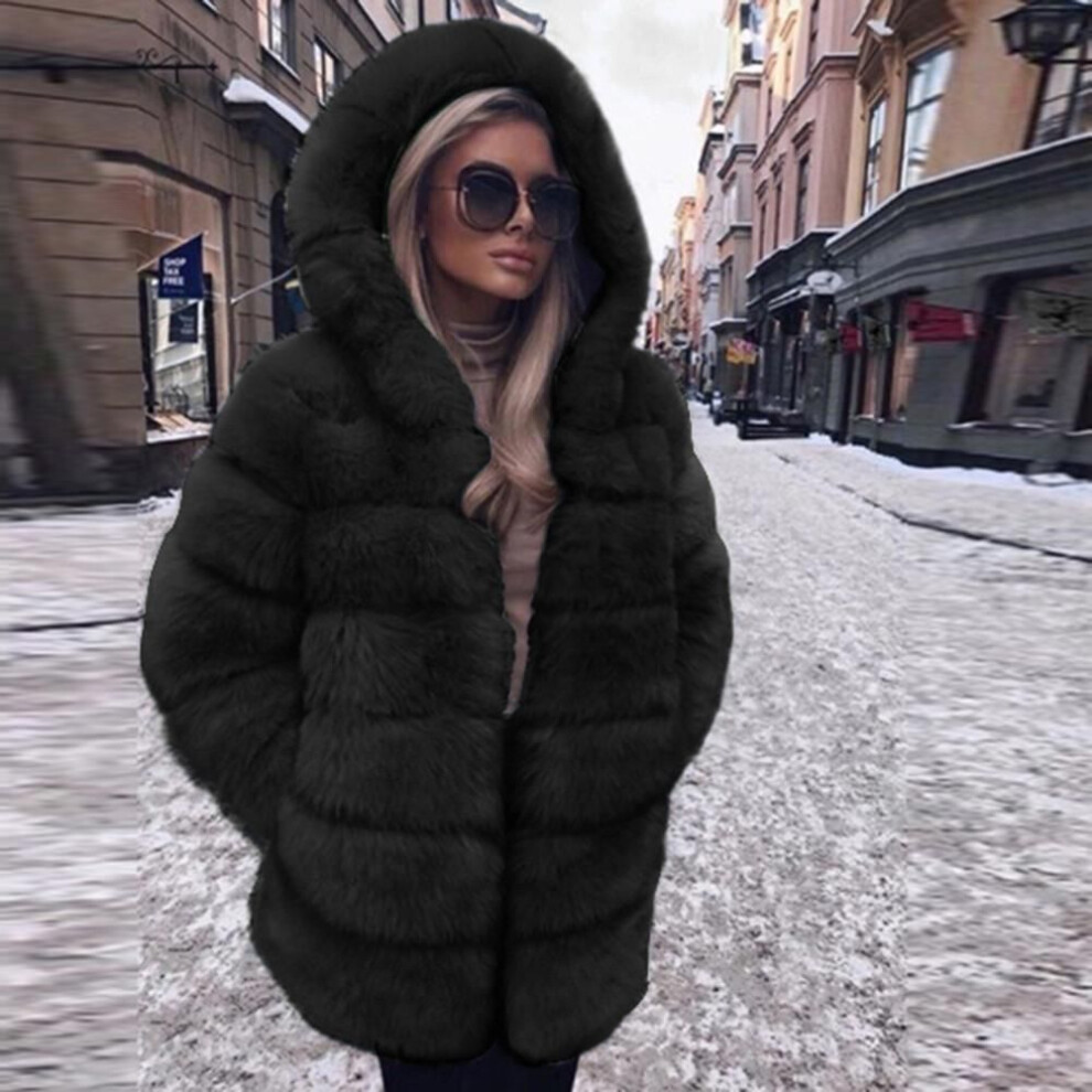 (black, XL) Women Fashion Luxury Faux Coat Hooded Autumn Winter Warm Overcoat