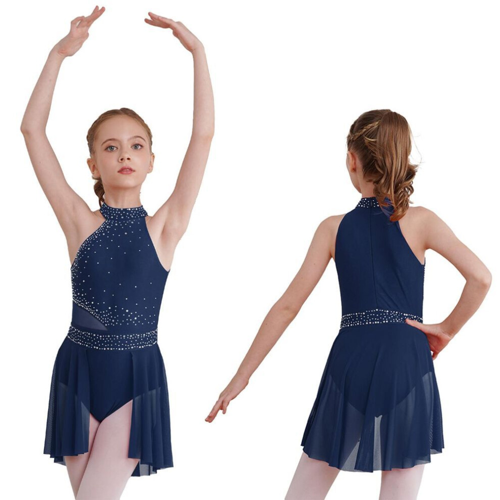 (navy blue, 11-12 Years) Lyrical Dance Dress For Girls Latin Jazz Gymnastics Leotard 6-16 Years Ballet Dance Dress Performance Costume
