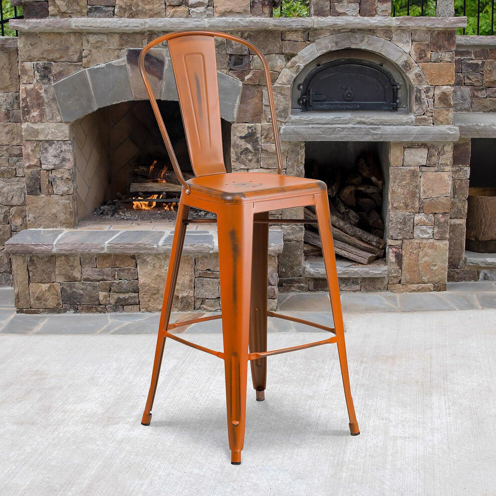 4pc Bar Stools Distressed Metal Indoor and Outdoor Counter High Stool Orange