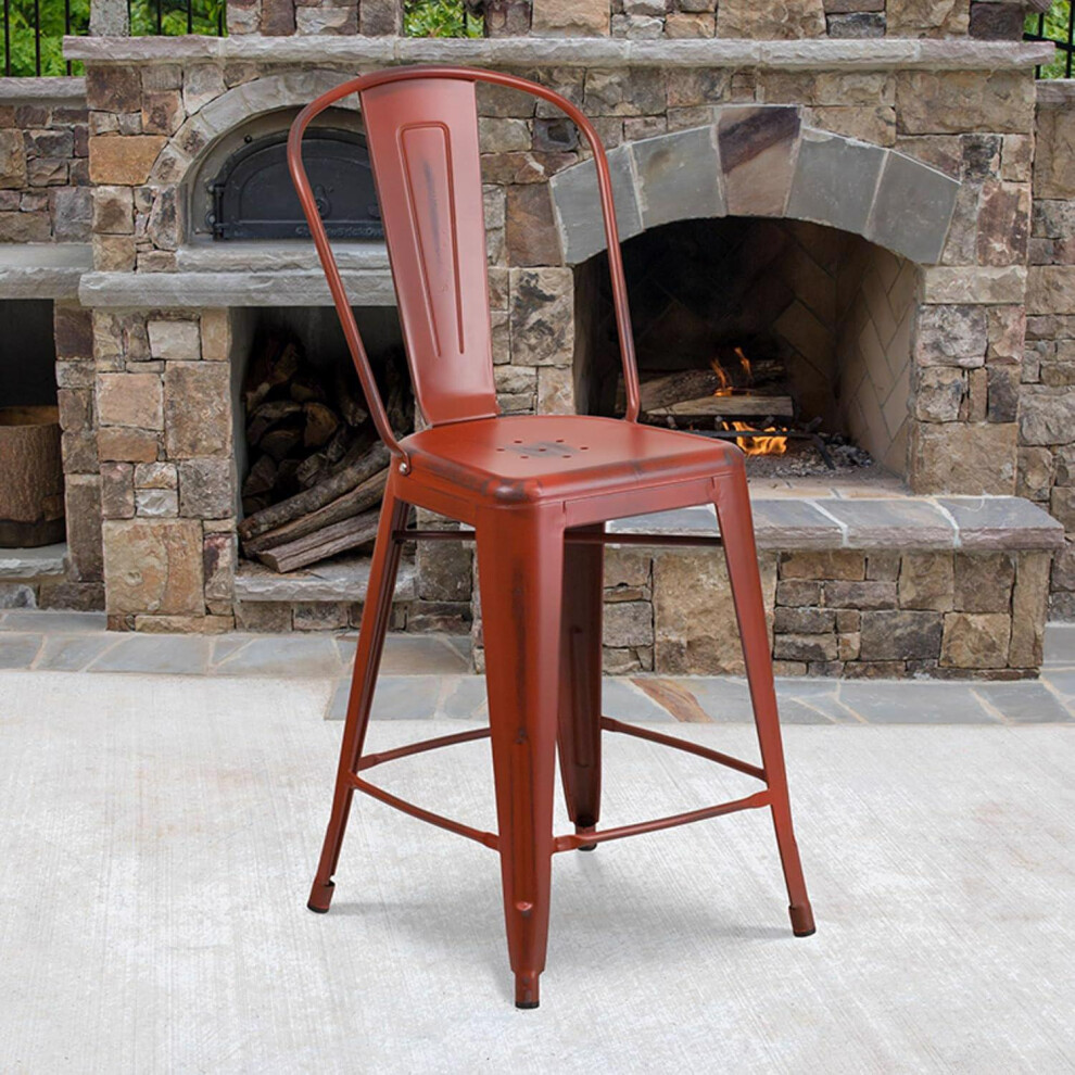 4pc Bar Stools Kelly Red Distressed Metal Indoor and Outdoor Counter High Stool
