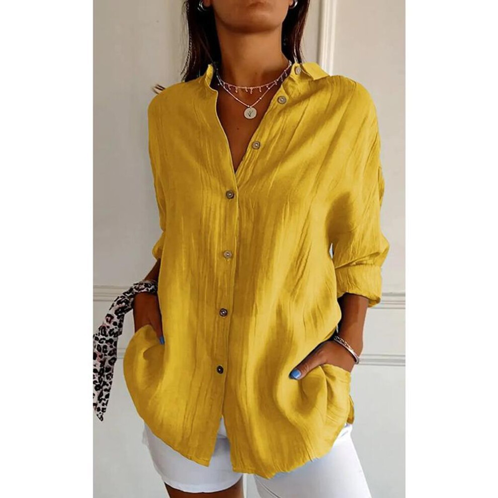 (L, yellow) New Fashion Single-breasted Casual Plus Size Shirt Women Turn Down Collar Loose Women's Solid Blouses Tops Spring And Autumn Long Sleeve Shirts 25997
