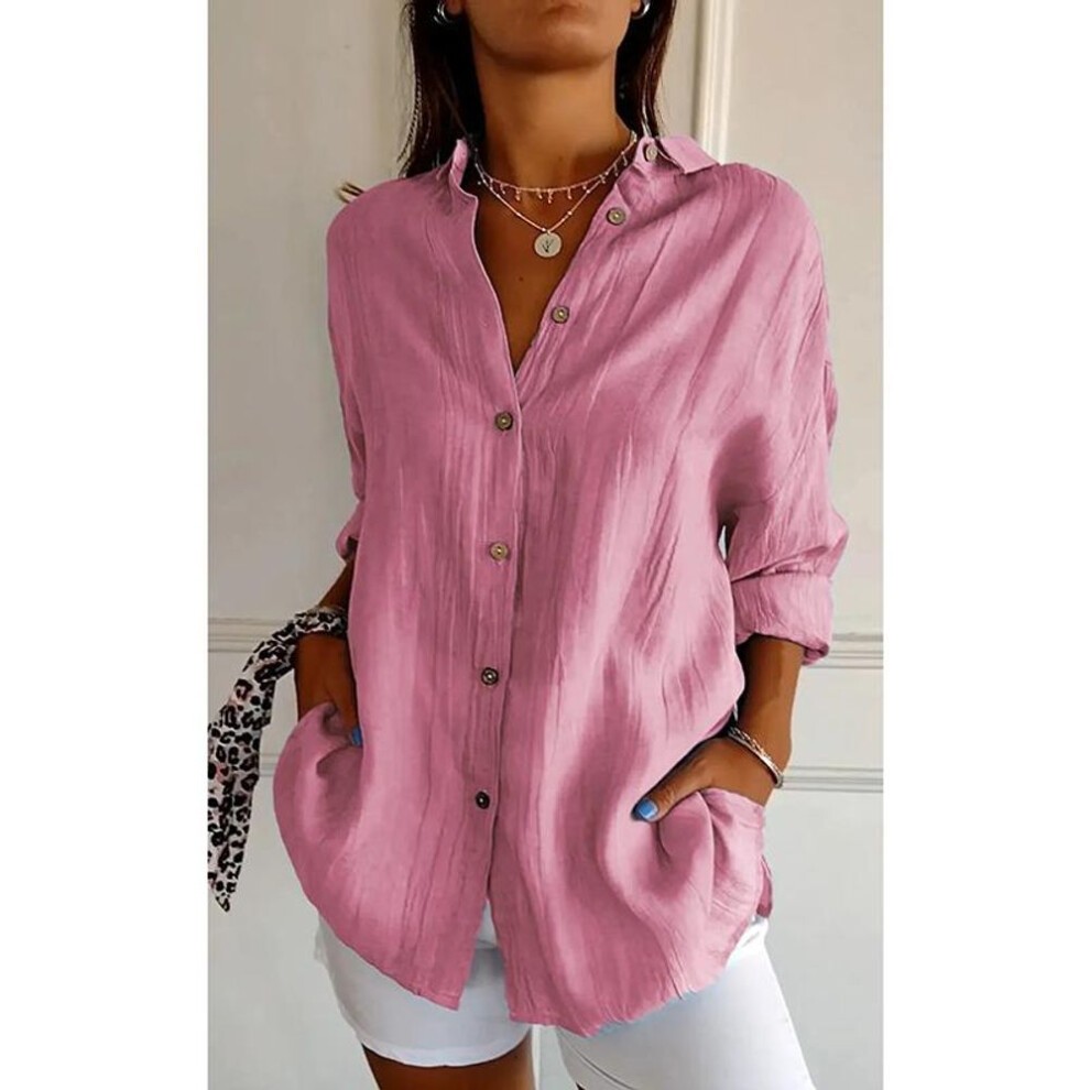 (3XL, pink) New Fashion Single-breasted Casual Plus Size Shirt Women Turn Down Collar Loose Women's Solid Blouses Tops Spring and Autumn Long Sleeve Shirts 25997