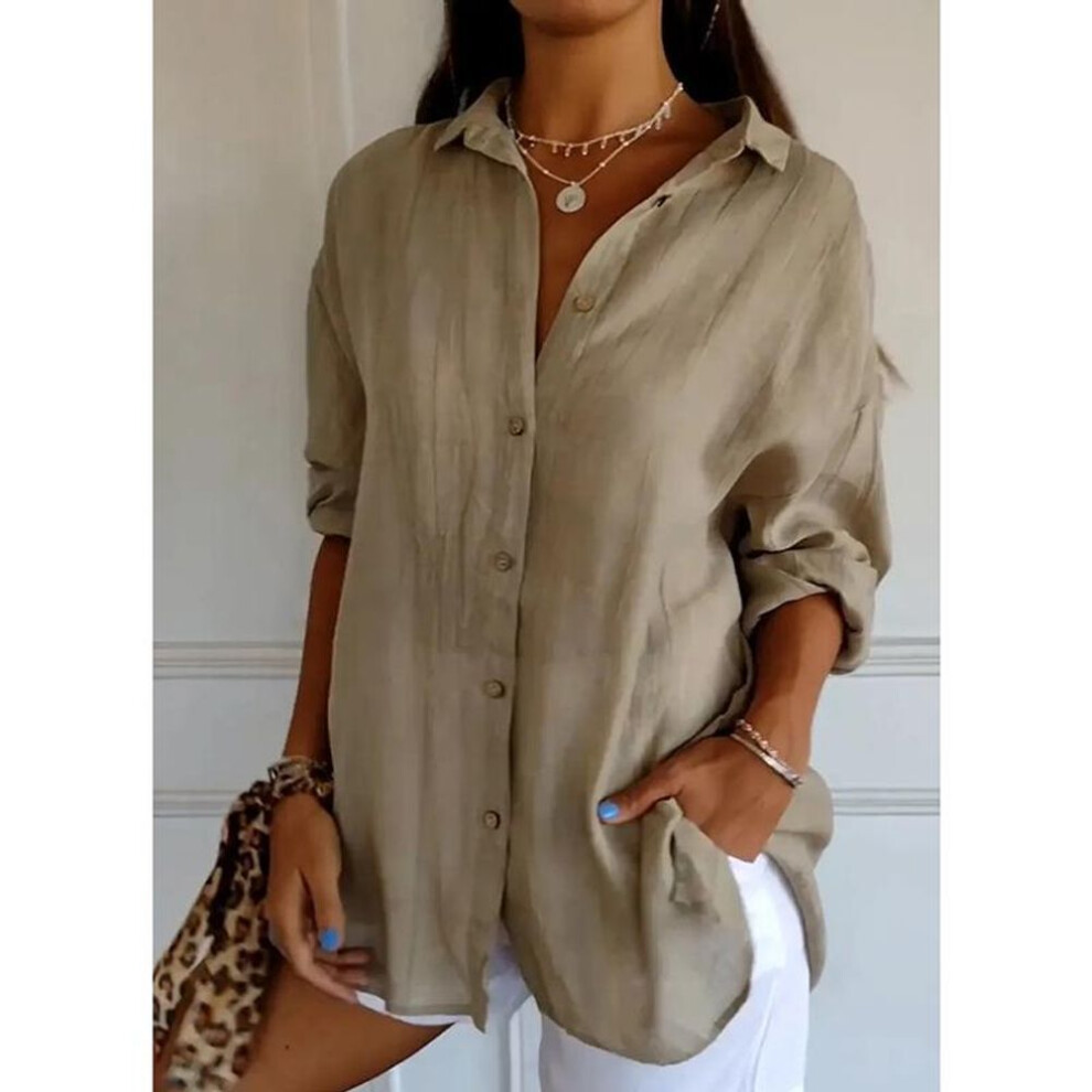 (M, khaki) New Fashion Single-breasted Casual Plus Size Shirt Women Turn Down Collar Loose Women's Solid Blouses Tops Spring and Autumn Long Sleeve Shirts 25997