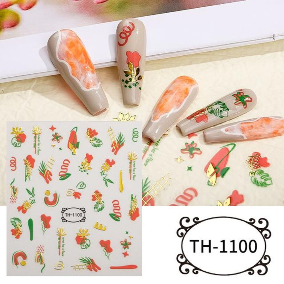 (TH-1100) 3D Golden Wave Line Nail Sticker Marble Blue Geometry Abstract Flowers Nail Art Sliders Decals Foils Manicure Decorations Chth
