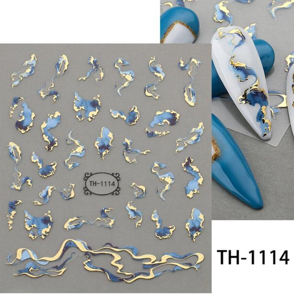 (TH-1114) 3D Golden Wave Line Nail Sticker Marble Blue Geometry Abstract Flowers Nail Art Sliders Decals Foils Manicure Decorations Chth