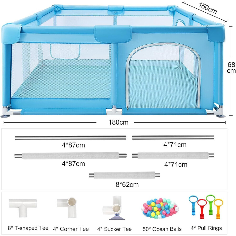 (Blue 180x150cm) Baby Playpen with Mesh Walls Ocean Balls