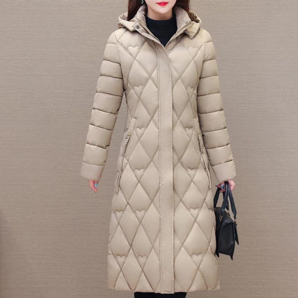 (khaki, 4XL) Middle Age Woman Winter Coats Hooded Elegant Thick Warm Long Parkas For Women Jackets