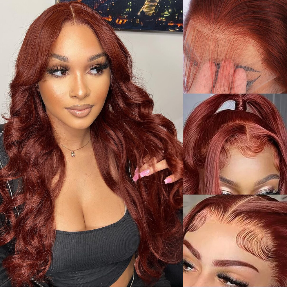Perruques en cheveux humains avec dentelle frontale, brun rouge   tre, 20 pouces, 13-6 pouces, HD, ondul   es, brun aubrun, pr   -   pil   es, 180 % D