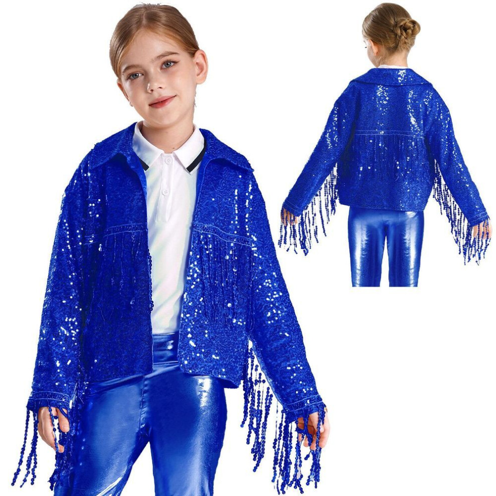 (blue, 11-12 Years) Girls Disco Dance Costume Sequins Jackets Fringed Decor Jazz Street Dancewear Open Front Cardigan For Dress-up Rave Party