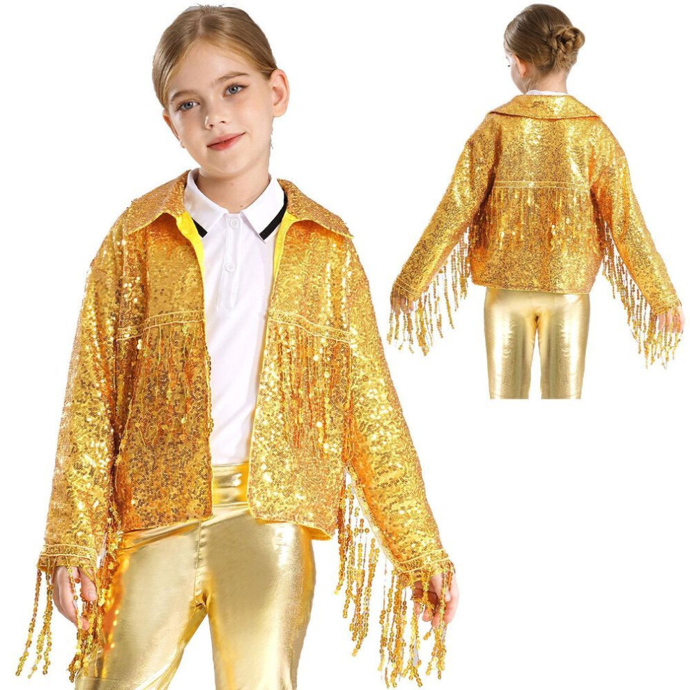 (gold, 7-8 Years) Girls Disco Dance Costume Sequins Jackets Fringed Decor Jazz Street Dancewear Open Front Cardigan For Dress-up Rave Party