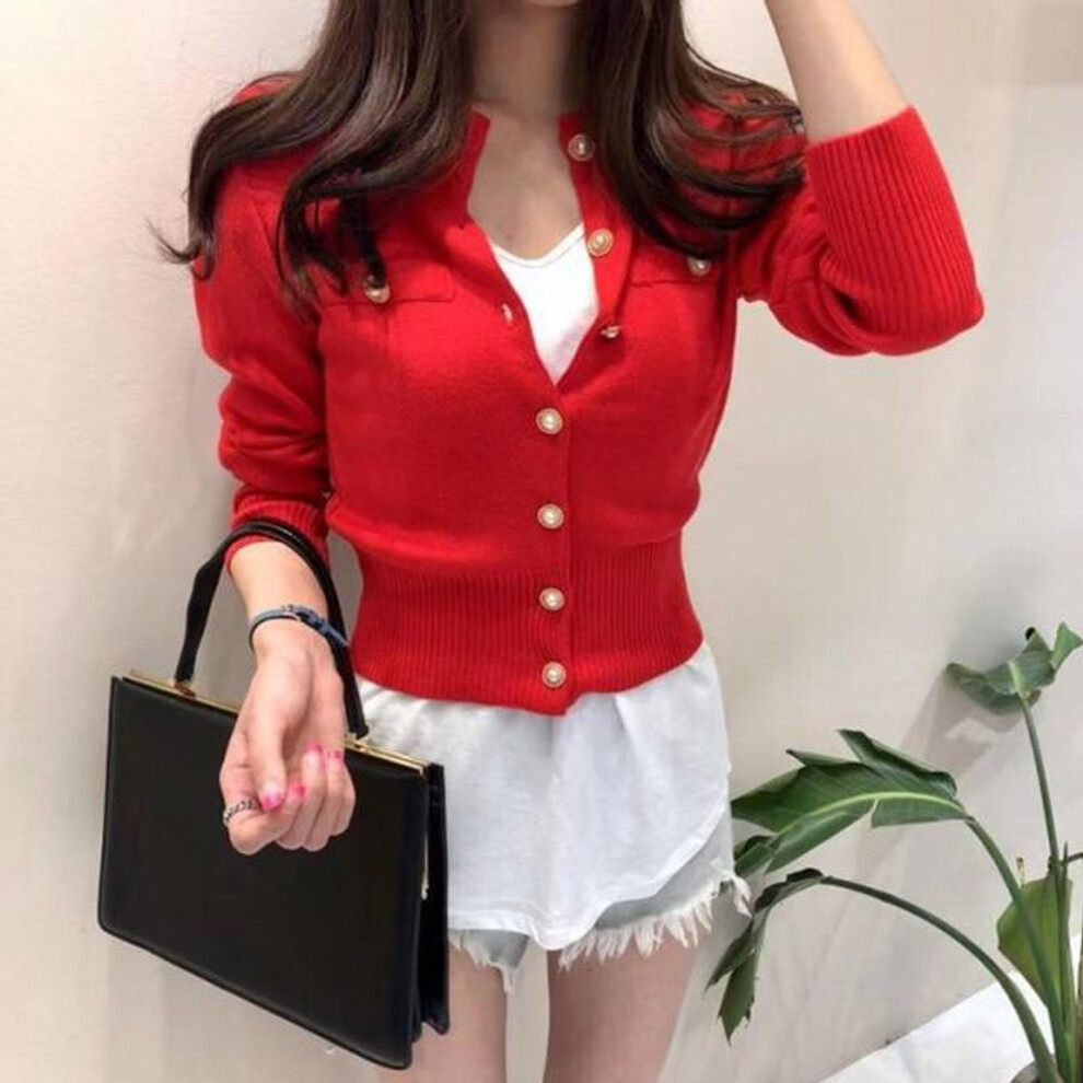 (One Size, red) Knitted Cardigan Sweater Women Autumn Long Sleeve Short Coat Fashion Casual Korean Single Breasted Slim Top Pull Femme 17375