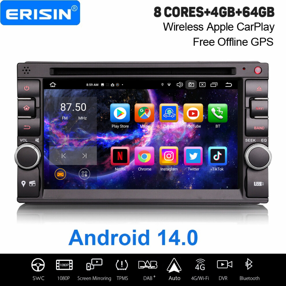 Erisin 8 Core 4Gb+64Gb Android 14 Universal 2Din Car Stereo For Nissan Satnav Dab+ Wireless Carplay Wifi Bluetooth 737655236200