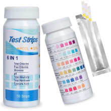 6 in 1 Hot Tub & Pool Test Strips Kit - 100 Pcs, Quick Detection: Total & Free Chlorine, pH, Alkalinity, Cyanuric Acid, Total Hardness