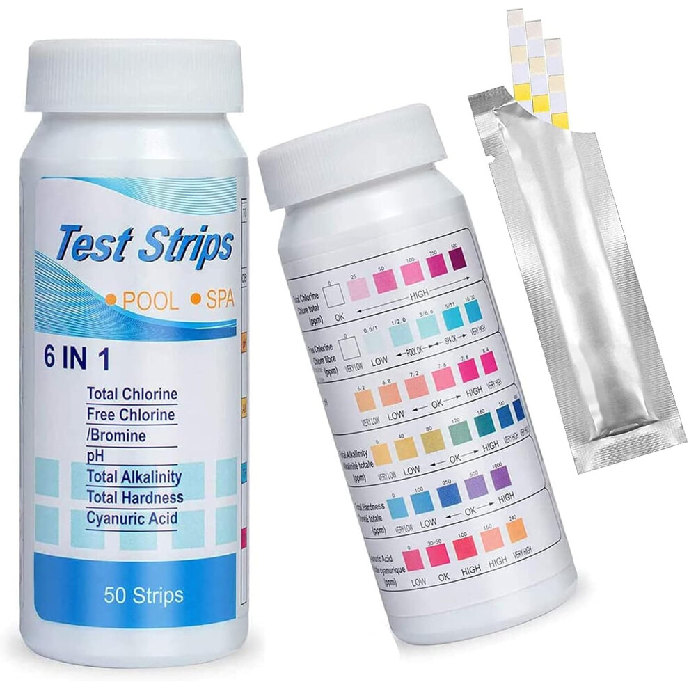 6 in 1 Hot Tub Swimming Pool Spa Water Test Strips Kit 100Pcs Clear Water Chemicals Test Strips, Quick Detection of Total Chlorine, Free Chlorine, PH