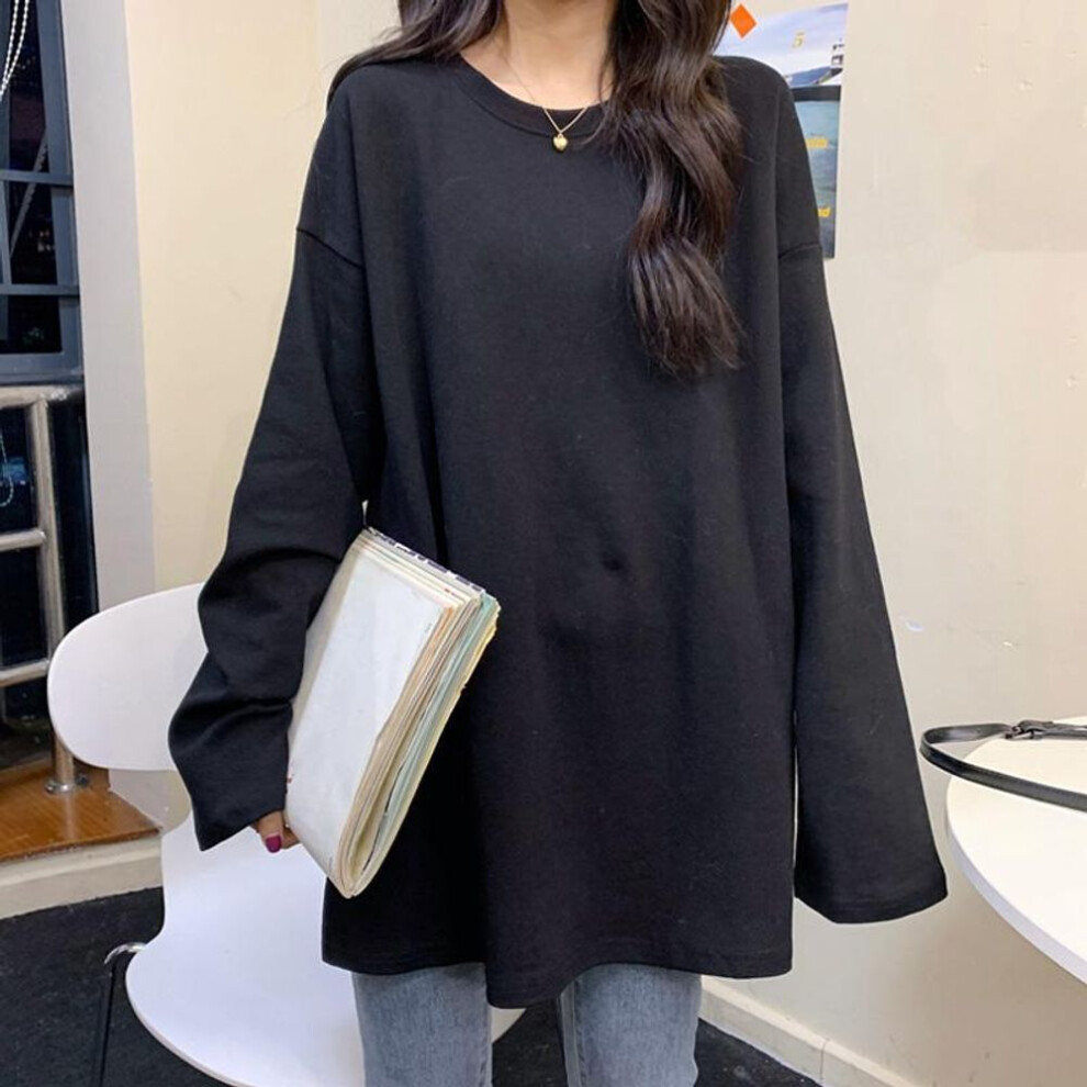 (XL, black) harajuku casual long T Shirt female spring autumn Solid Simple soft oversized t-shirt for Women goth T-shirts side Split White black long Sleeve Tops