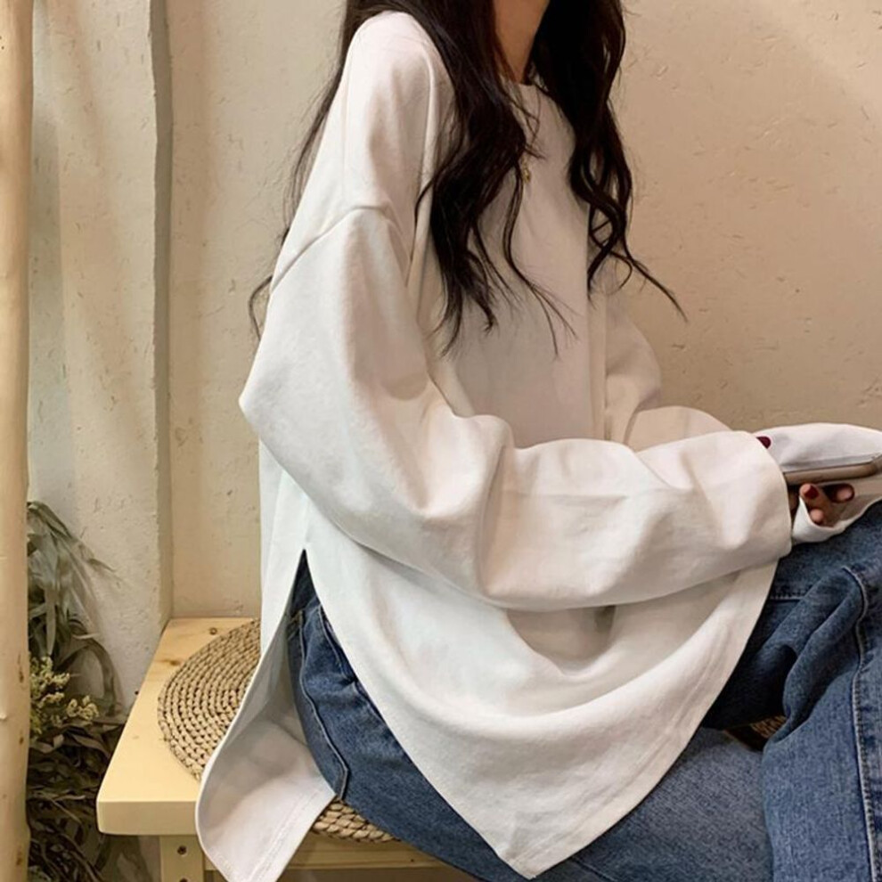 (XL, white) Harajuku Casual Long T Shirt Female Spring Autumn Solid Simple Soft Oversized T-shirt For Women Goth T-shirts Side Split White Black Long Sleeve Tops