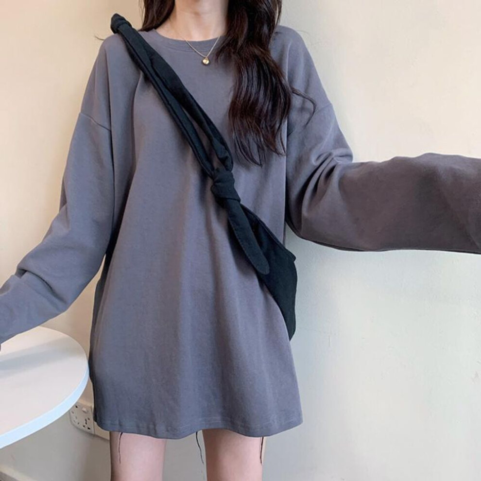 (M, grey) Harajuku Casual Long T Shirt Female Spring Autumn Solid Simple Soft Oversized T-shirt For Women Goth T-shirts Side Split White Black Long Sleeve Tops